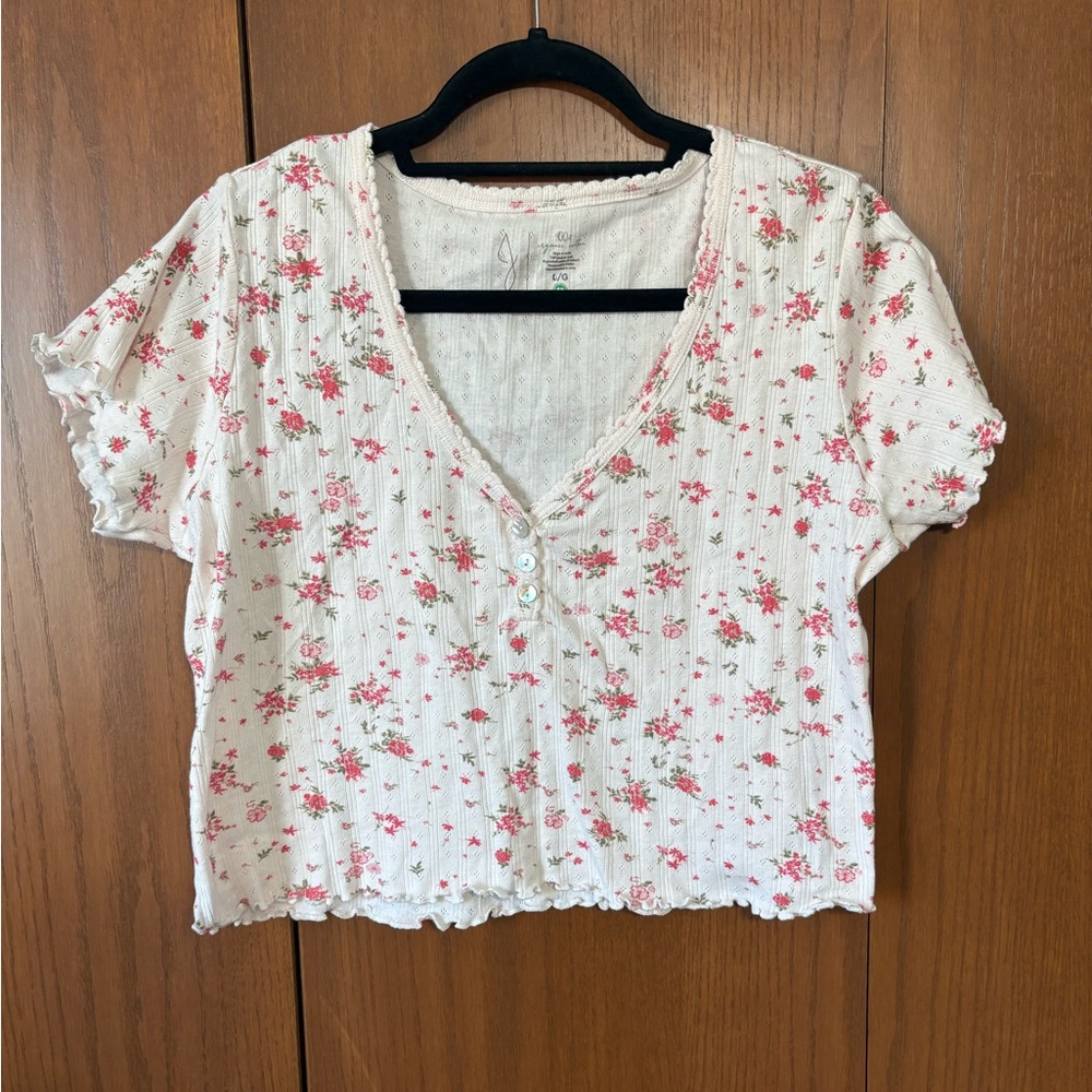 Joie Pink and White Ruffle Hem Organic Cotton Floral V-Neck Crop Top Size Large